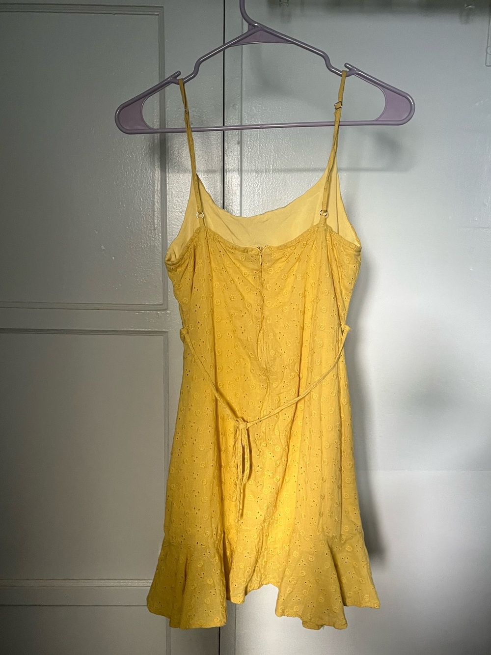 FAVLUX Yellow Eyelet Mini Dress with Ruffle Hem